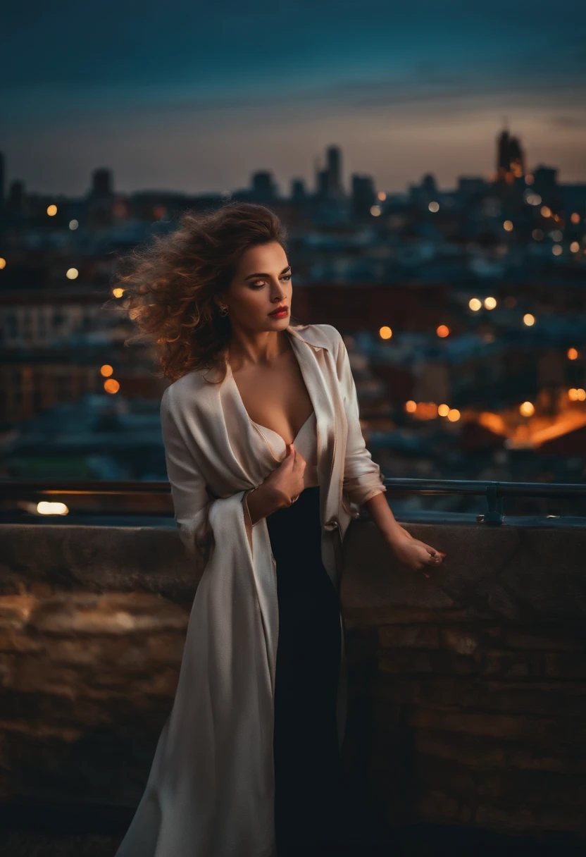 style: a woman in realistic style, colored, 35mm lens, city in the background