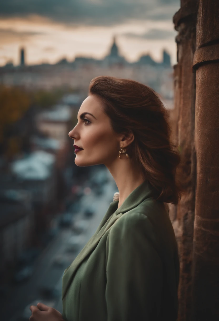 style: a woman in realistic style, colored, 35mm lens, city in the background