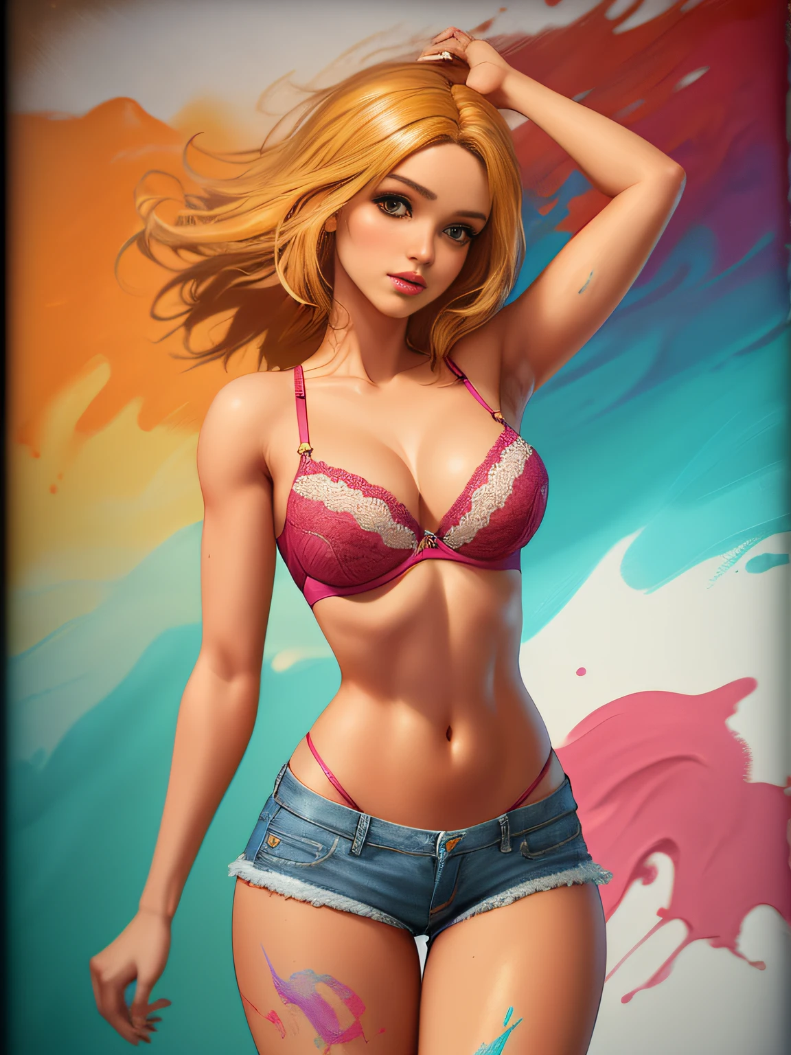 mulher de cabelos loiros em top azul e shorts jeans posando para uma foto, corpo perfeito fotorrealista, Figura completa hiper-realista, ultrarrealista doce coelhinho menina, corpo perfeito sombreado realista, Trend in CGTacing:, Modelo IG | Artgerm, Deusa loira, trending at cgstation, aluna hiperrealista, barbie doll in panties and bra, corpo perfeito, Sexy girl in colorful paint explosion, perfect strokes, jets of paint in various colors dotted with the beauty of art that overflows.