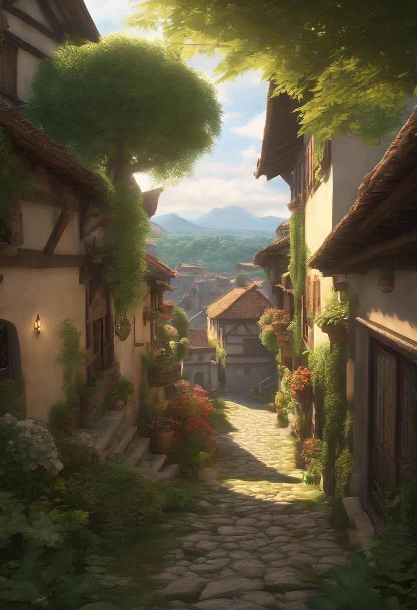 4k, Realistic, Very detailed, lente grande angular, Humid medieval city, vibrante, fantastic plants, uma casa grande, Estilo Makoto Shinkai, Fundo do anime, arte conceitual, (nenhum caractere aparecendo), realistic lighting, Epic composition, Difuso, (master part, best quality), super HD, 32k --v 6