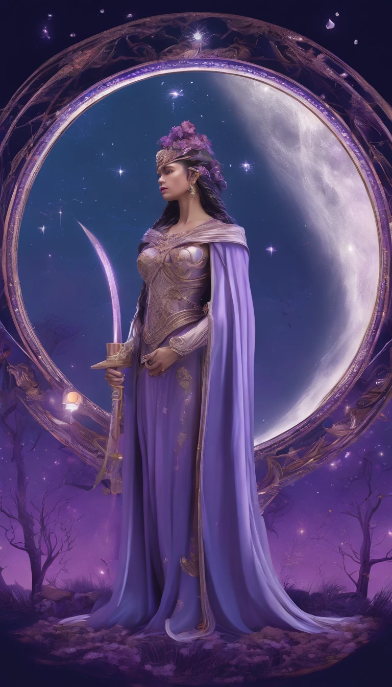 A distant cosmic being, standing with a violet cloak, beneath an inverted U-shaped portal. The cosmic female being with A SWORD TOUCHING the watery ground in one hand and a LIT LANTERN in the other hand, facing the portal and with her back to the screen, against a backdrop of violet, blue, and purple. A star-filled sky, with a large, Bright Full Moon.