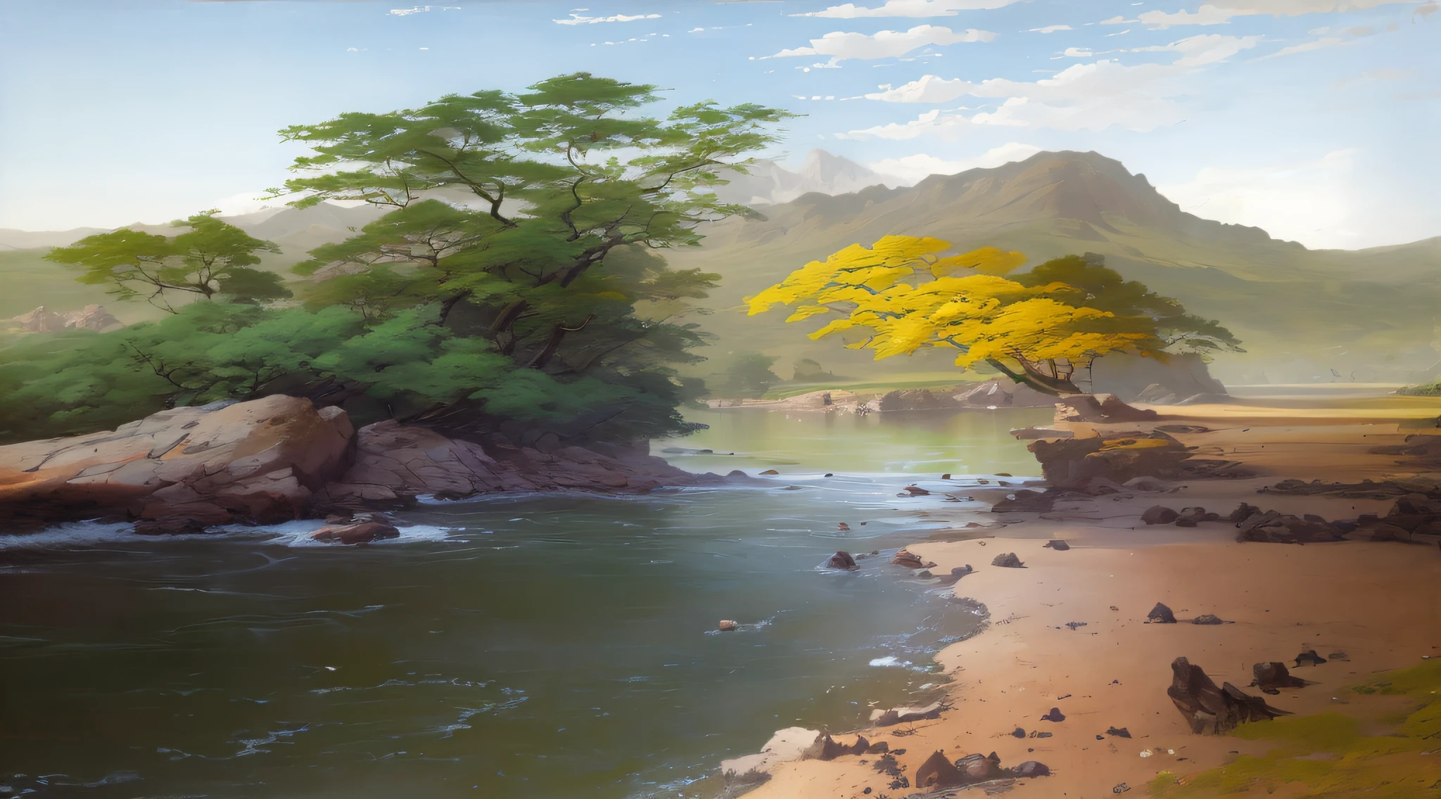 painting of a river with a tree and a mountain in the background, Inspirado em Sung Choi, inspirado em Christophe Vacher, peaceful landscape, Silvain Sarrailh, scenery artwork, paisagem serena, realistic landscape, WLOP e RHADS, pintura de paisagem de fantasia, beautiful oil matte painting, paisagem hiper-realista, 8k resolution digital painting, 8k resolution digital painting