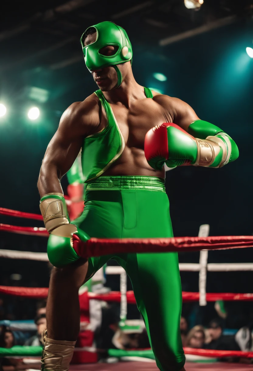Muscular Riddler in green speedo and green eye mask with boxing gloves raised in a boxing ring