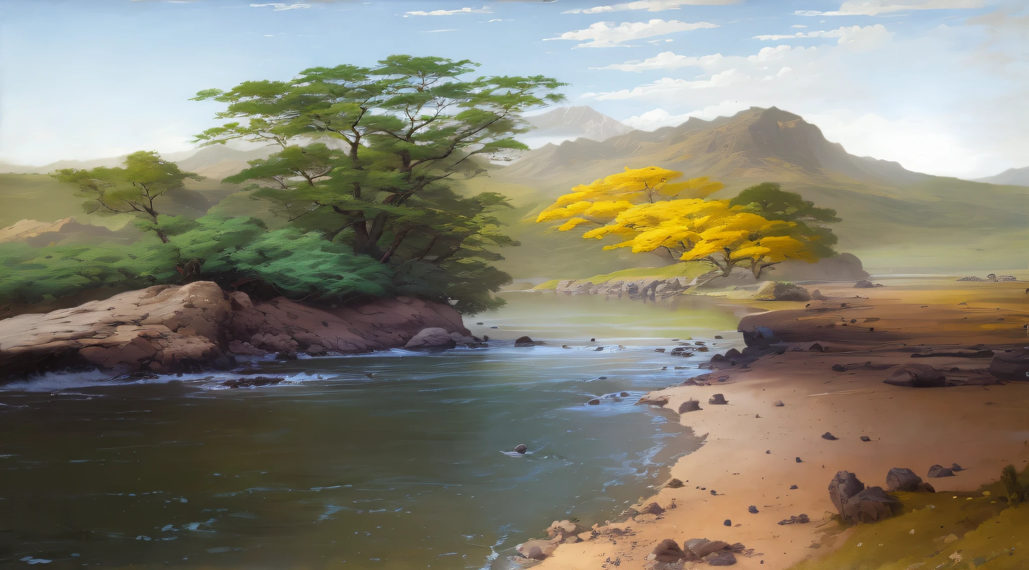 painting of a river with a tree and a mountain in the background, Inspirado em Sung Choi, inspirado em Christophe Vacher, peaceful landscape, Silvain Sarrailh, scenery artwork, paisagem serena, realistic landscape, WLOP e RHADS, pintura de paisagem de fantasia, beautiful oil matte painting, paisagem hiper-realista, 8k resolution digital painting, 8k resolution digital painting