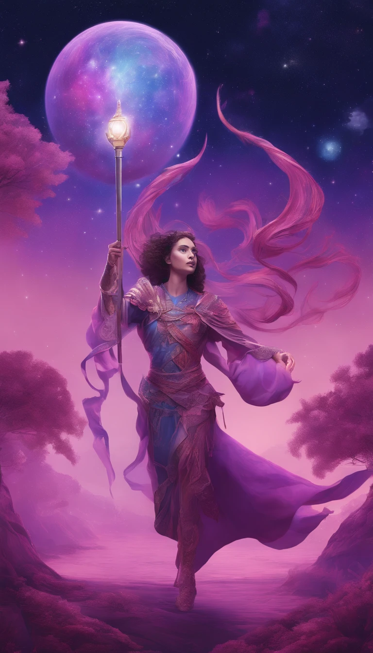 A distant cosmic being on his back and standing with a pink and violet cloak, entrando em um portal em forma de U invertido. The cosmic female being has an ancient wooden staff in one hand touching the water ground and in the other hand a lit lantern, em  um pano de fundo de violeta, azul, e roxo. A sky full of stars, com um grande, Lua Cheia Brilhante.