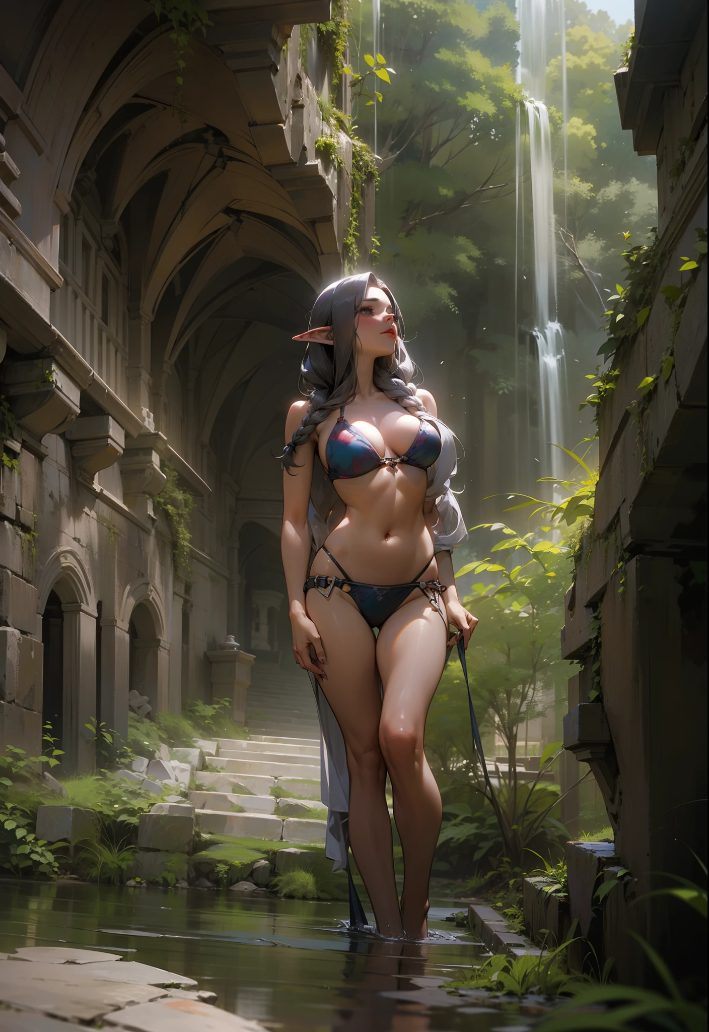 Nosso (Arshes em Bastard) ultra thin bikini, elfa adulta de 30 anos (Kyra Hot adult video), (Camgirl), (fans only) posando sob um arco de pedra, Ancestral ruins, covered by vegetation and vineyards, Aztec Ancient Ruins, cinematic natural light, profundidade, realista, dust particles in light, Bottom view, Bottom viewing angle, olhar de baixo para cima, olhando de baixo, close de baixo, MULHER SEXY elf sensual, provocador, cabelos escuros, hair with long braid falling over the chest, smaller braids on the head, cabelo castanho escuro, olhar sexy, olhos verdes, branca, Latim, Morena, sarda no rosto, rosto com sardas,  realista, boca entreaberta, sexy red lips, sensualidade ao extremo, hot, pornographic hot woman, Seios enormes (Oppai), massive breasts, seios grandes soltos (Adult video of Jennifer Mendez), seios arredondados e espalhados, seios grandes (Angela Branco quente) com pintas, sardas, Fundo, sardas no peito, piercing na barriga, barriga sexy, barriga levemente marcada, Fofa, sexy :8, A partir de 8 K fosco, sexy look at the camera, Ultra thin white bra, molhado, transparente, pose atraente, lascivo, sedutora, ultra thin snubbed bikini, tanga amarrada na cintura, Branco, bikini squeezing breasts, estourando os seios, bicos duros, mamilos duros e latentes, molhados, enrijecidos, Excitado, lascivo, provocador, corpo sexy, quadril largo, coxa grossa, Pose sexy, Realistic bikini, corpo perfeito, 4k], Tiny white bra, 4 mil ], Sling bikini, realista, perfect  lighting, cores perfeitas, sombras perfeitas, Bottom view, vista de baixo, realista, filtro escuro,4k
