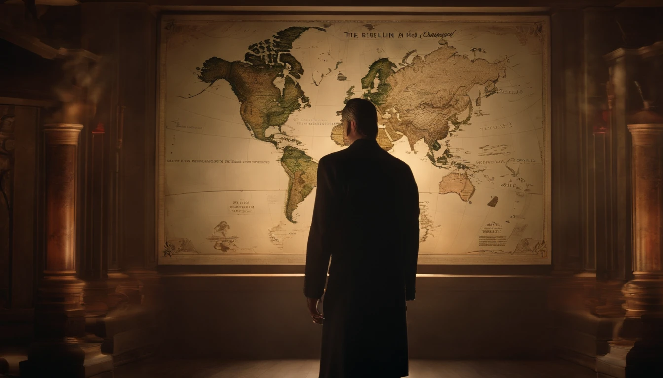 A cover that depicts Mr. Smith in a dark room, with a backlit world map behind him. In his hands, a vial containing Nephilim DNA. The title of the video is "The Nephilim Saga: The Watchers' Conspiracy,4k,very detailed, wide angle lens,
