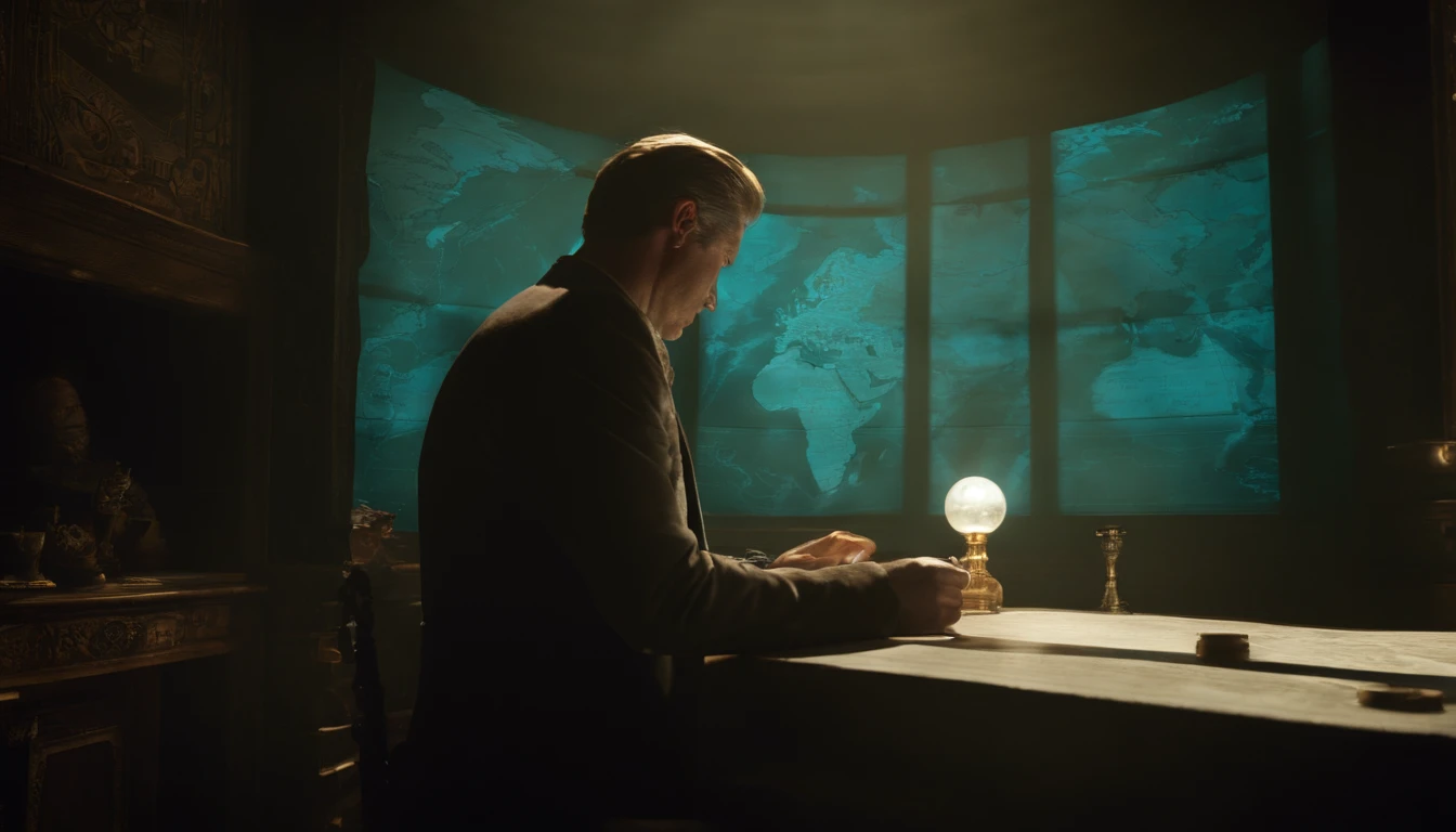 A cover that depicts Mr. Smith in a dark room, with a backlit world map behind him. In his hands, a vial containing Nephilim DNA. The title of the video is "The Nephilim Saga: The Watchers' Conspiracy,4k,very detailed, wide angle lens,