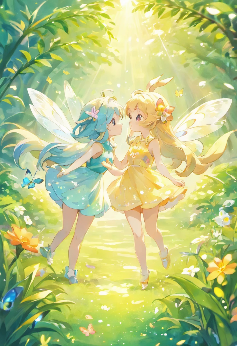 best quality,ultra-detailed,realistic,2girls,beautiful detailed eyes,beautiful detailed lips,longeyelashes,bug type eevee,pokemon,garden,flowers,butterflies,mystical background,enchanted,sparkling lights,vibrant colors,soft textures,stunning illustration,concept artists,happiness,playful,adventurous,child-like,curious expression,green lush grass,gentle breeze,ethereal,whimsical,delicate wings,shimmering iridescent patterns,hidden treasures,small and delicate body,graceful movement,dainty antennae,joyful,bug catching season,exploring the unknown,diverse insect species,harmony with nature,vivid flora and fauna,pastel color palette,glowing fireflies,magic in the air,effervescent atmosphere,enchanting companionship,peaceful ecosystem,serene surroundings,amazing biodiversity.