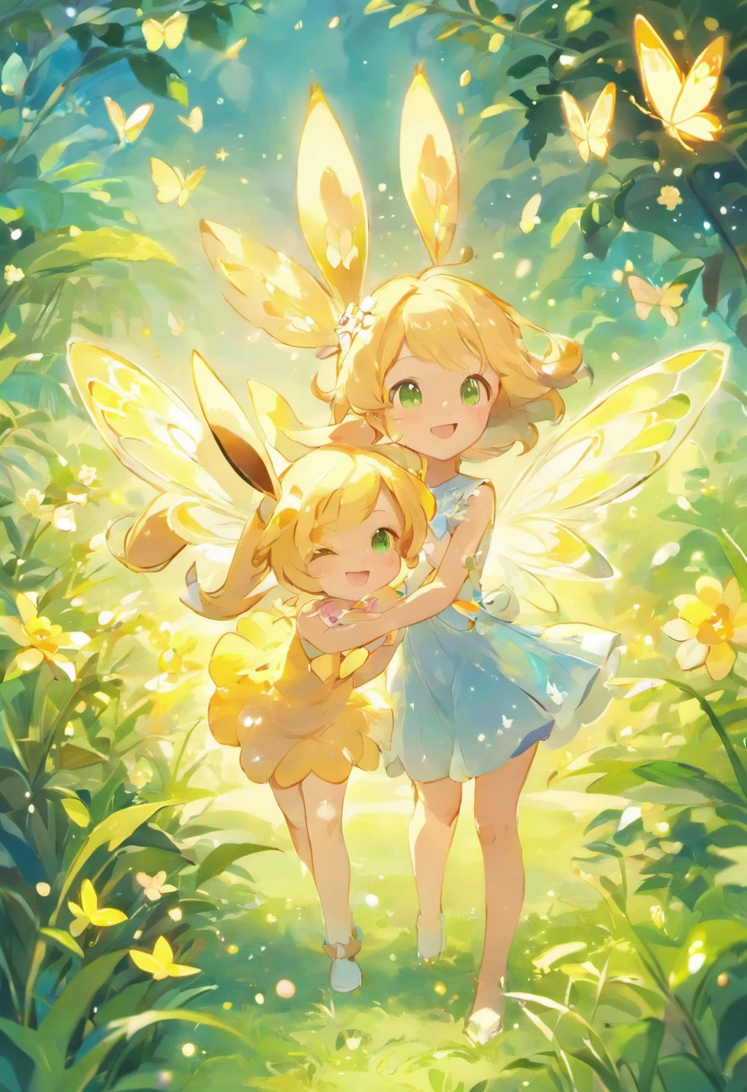 best quality,ultra-detailed,realistic,2girls,beautiful detailed eyes,beautiful detailed lips,longeyelashes,bug type eevee,pokemon,garden,flowers,butterflies,mystical background,enchanted,sparkling lights,vibrant colors,soft textures,stunning illustration,concept artists,happiness,playful,adventurous,child-like,curious expression,green lush grass,gentle breeze,ethereal,whimsical,delicate wings,shimmering iridescent patterns,hidden treasures,small and delicate body,graceful movement,dainty antennae,joyful,bug catching season,exploring the unknown,diverse insect species,harmony with nature,vivid flora and fauna,pastel color palette,glowing fireflies,magic in the air,effervescent atmosphere,enchanting companionship,peaceful ecosystem,serene surroundings,amazing biodiversity.