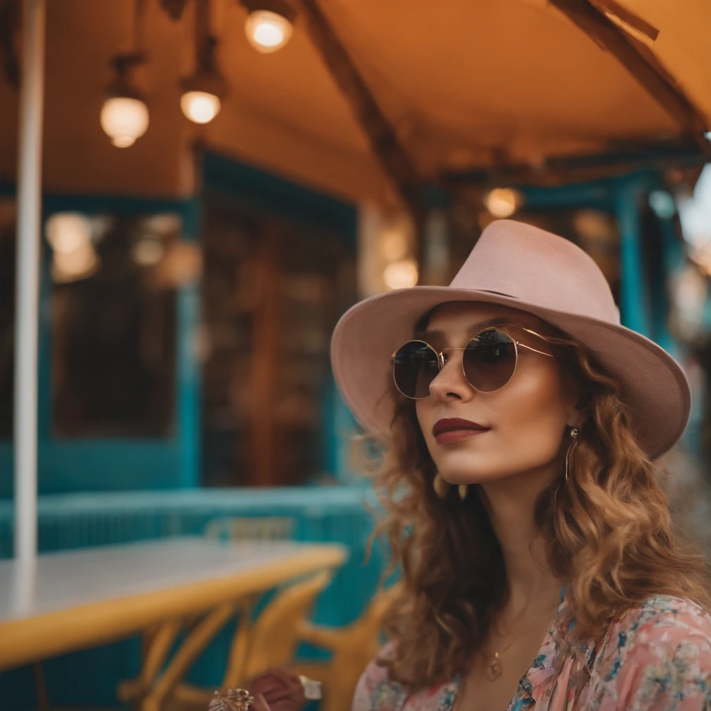Uma mulher em estilo realista, colorido, Lente 35mm, Cidade em segundo plano