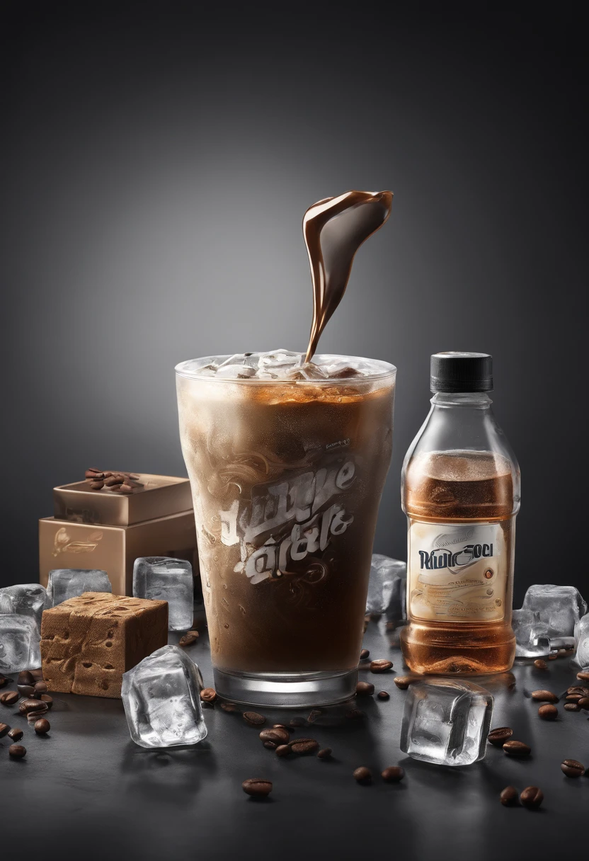 coffee with plastic bottle,ice cube, Cinematic, Professional Photography, Studio Lighting, dark Studio Background, advertising photography, Intricate details, ultra-detailliert, A hyper-realistic, 8K UHD, droplet water, advertising poster