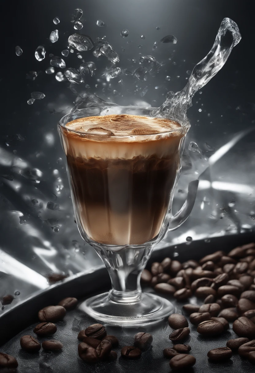coffee with plastic bottle,ice cube, Cinematic, Professional Photography, Studio Lighting, dark Studio Background, advertising photography, Intricate details, ultra-detailliert, A hyper-realistic, 8K UHD, droplet water, advertising poster