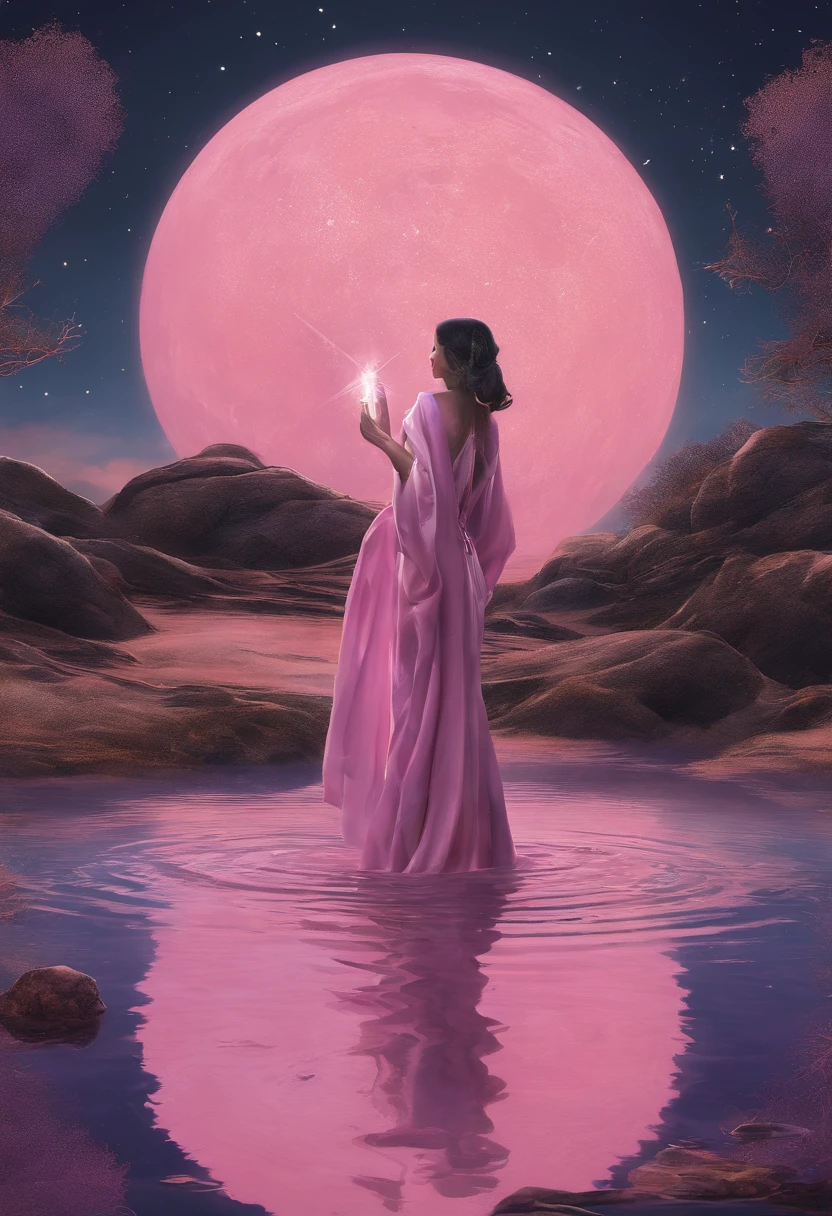A feminine cosmic being, with a mysterious and powerful appearance. She's wearing a pink and violet cape., que flutua ao seu redor. She's holding an antique wooden staff in one hand and a lit flashlight in the other. The staff is touching the water soil, indicating that it is connected to land and water. A lanterna acesa representa sua sabedoria e conhecimento.

The inverted U-shaped portal is a symbol of passage between worlds. The cosmic being is entering this portal, talvez para uma nova aventura ou jornada.

The sky is full of stars, representing the vastness and mystery of the universe. The bright full moon is a symbol of hope and renewal.