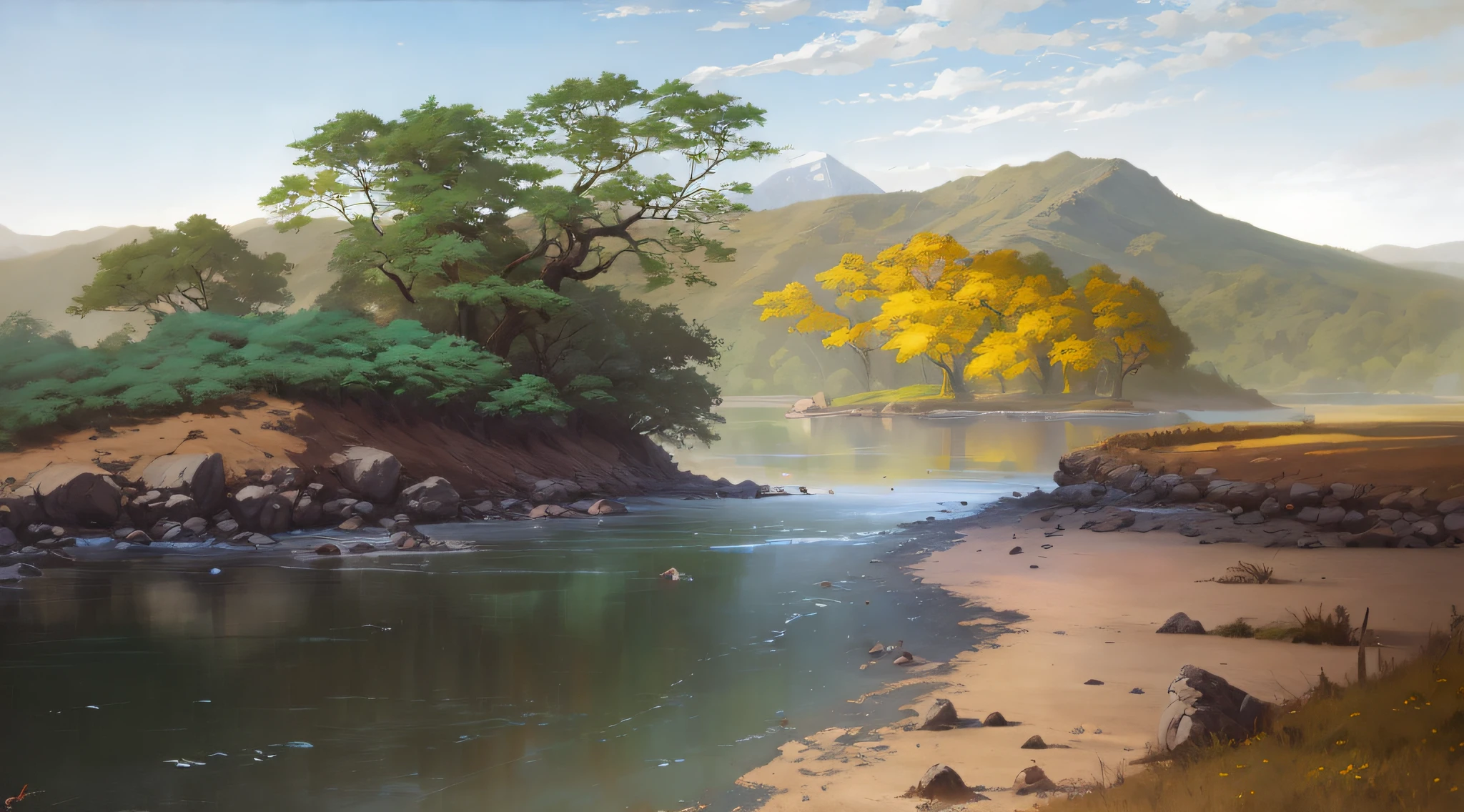 Painting of a river with a mountain in the background - SeaArt AI