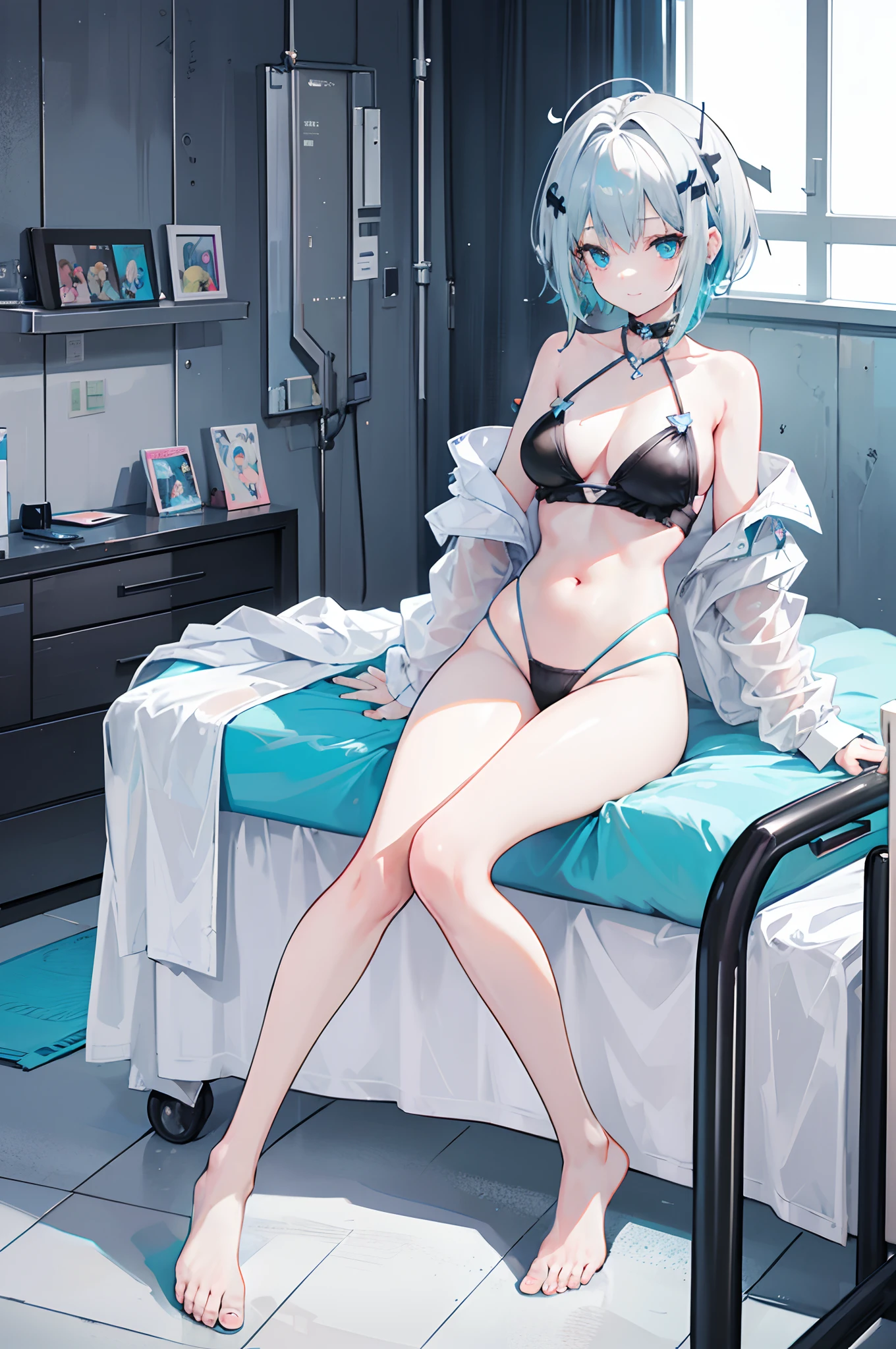 a 1girl, gray blonde hair, Cyan eyes, Hairpin on the hair, On the back of the head, the hair is blue, multi-colored hair, ssmile, gaze at the viewer, open sexy swimsuit, pastel colours, Short Hair Hair, full length, adult girl,  chest, large legs, Large thighs, hospital, succubus