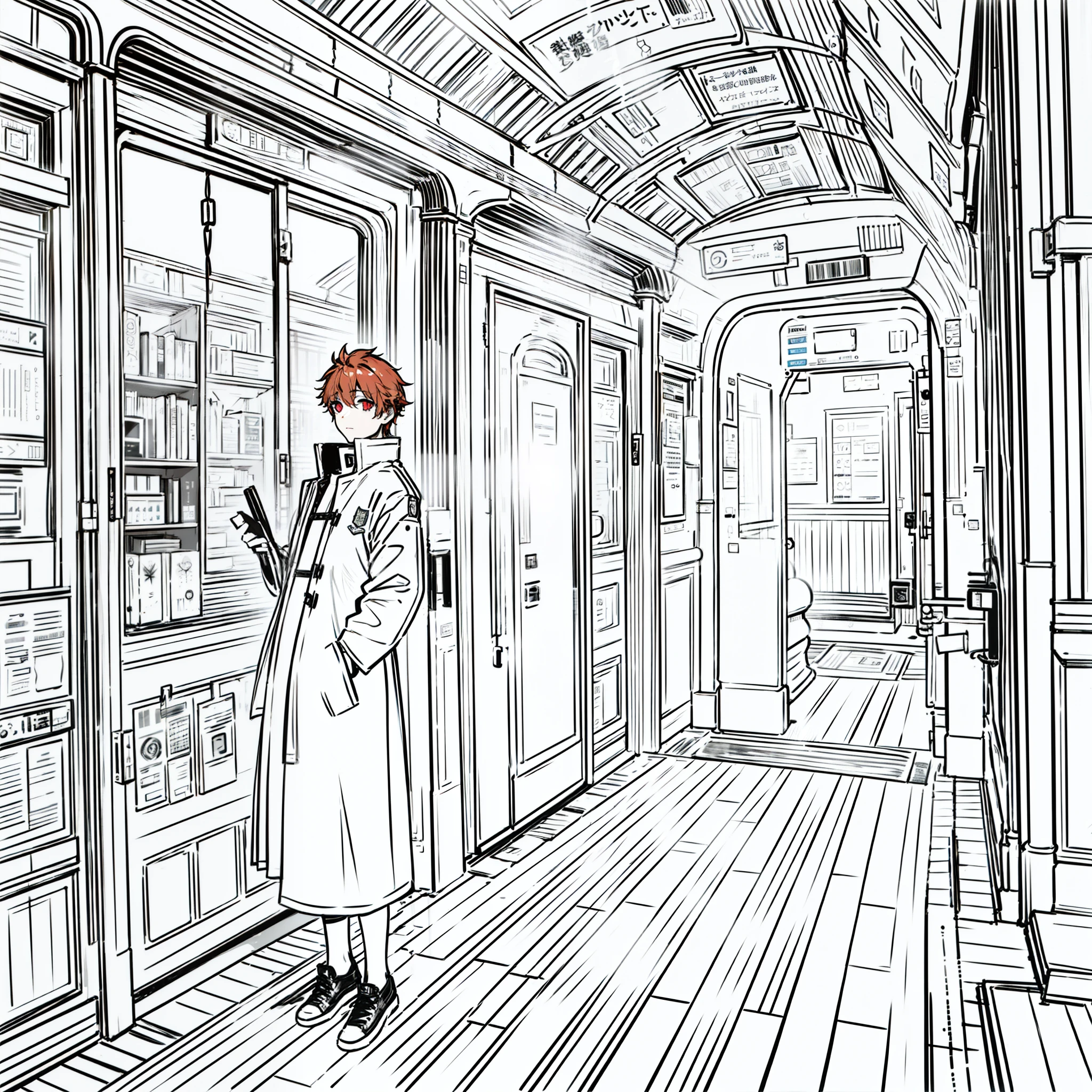 (Lineart:1.2),1boy, anime,ginger hair,red eyes,pale skin, wearing a jacket, waiting in the Metro station, absolutely stunning art, extremely detailed, highest quality digital art,