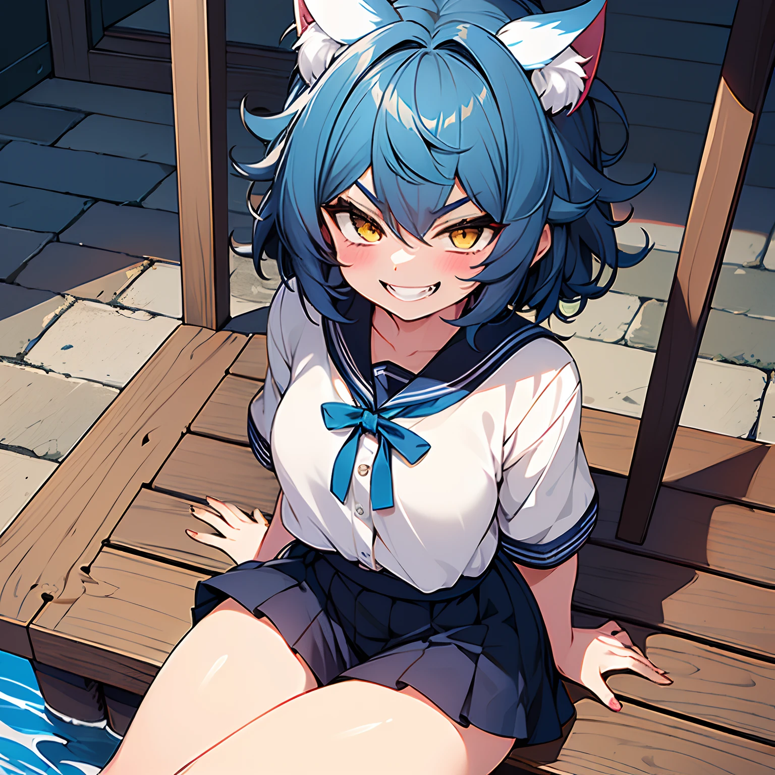 Masterpiece, best quality, high quality, 1 girl, solo, Anime girl with deep blue hair sitting on the ground, small loli, ((thighs thighs thighs thighs!!!)), ((cheek bulge)), Big ass, blue hair, ((Medium short hair)), ((messy Hair)), (Short hair), (((Unkempt hair))), ((short twin-tail)), Yellow eyes, slant eyes, ((thick eyebrows)), (((Spiteful smile, smirk, fangs))), single