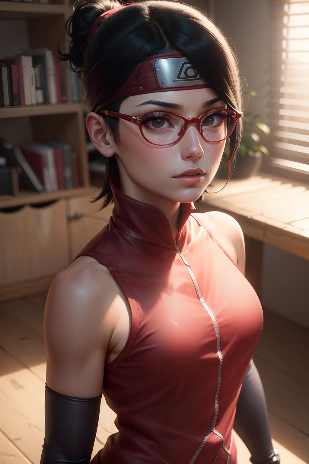 (highres,masterpiece:1.2),ultra-detailed,realistic,professional,beautiful detailed eyes,beautiful detailed lips,dark hair,short black hair,red glasses,stunning black eyes,clear skin,18-year-old girl,fashionable short hairstyle,vibrant red glasses,Shinobi Academy,fierce determination,confident posture,crimson outfit,intense gaze,background filled with ninjutsu techniques,shadows cleverly accentuating her features,subtle studio lighting,sublime realism,striking color tones