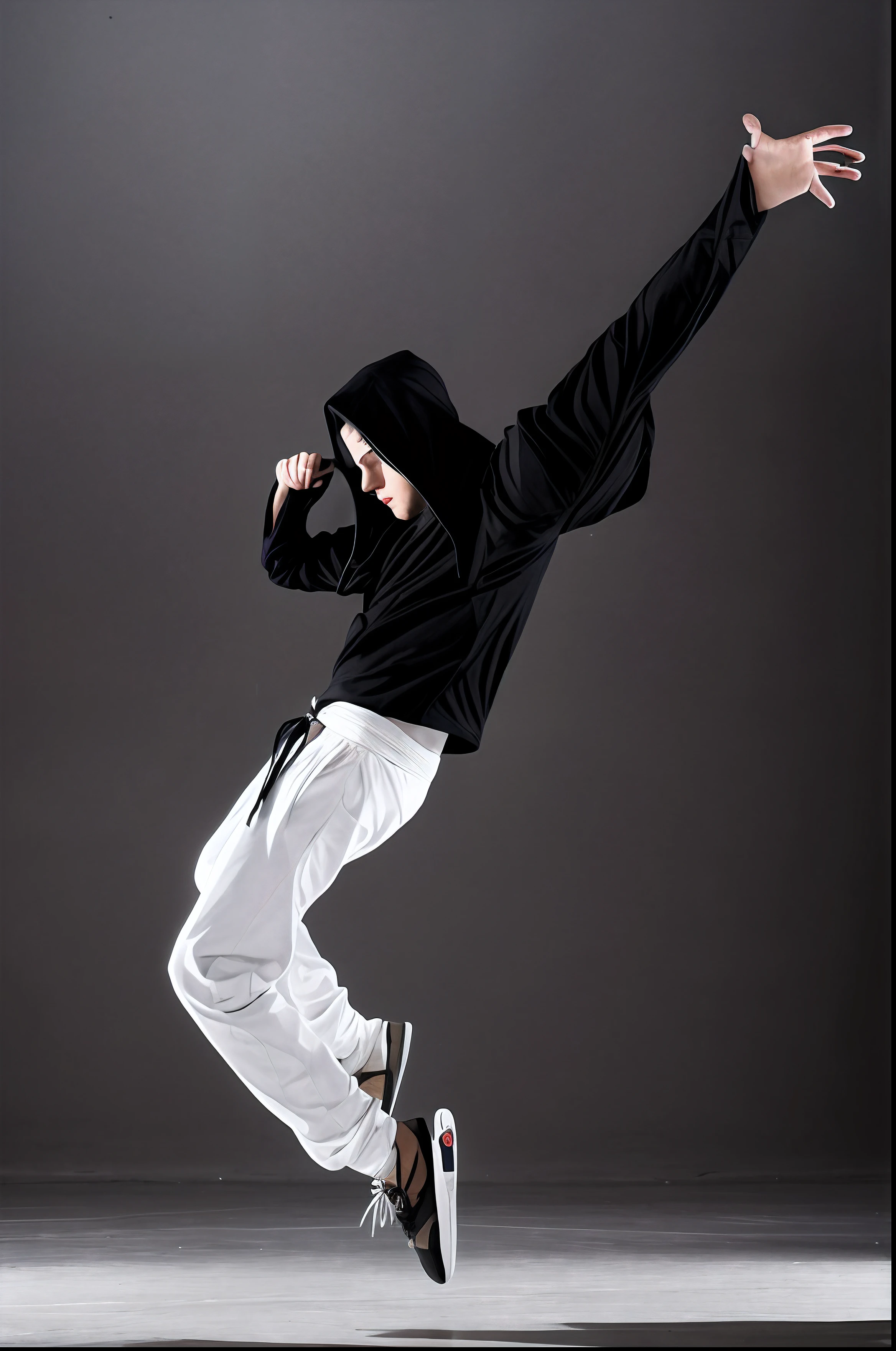 a man in a black hoodie is doing a trick on a skateboard, dynamic dancing pose, classic dancer striking a pose, playful pose of a dancer, he is dancing, man standing in defensive pose, portrait of combat dancer, dramatic powerful pose, frantic dancing pose, perfect dynamic pose, very artistic pose, best on adobe stock, in an action pose, dynamic moving pose