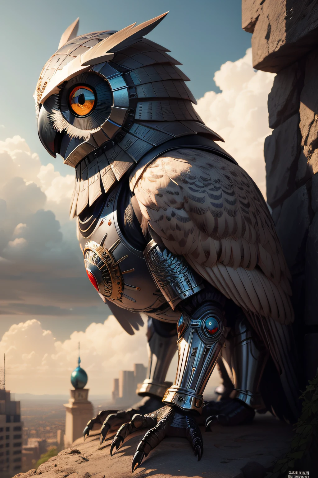 There is a metal owl statue with a clock on its head, mechanical owl, hyperrealistic robot owl, with a giant robot owl, O filme Duna de Jodorowsky, Duna de Jodorowsky, alien owl, robot bird, capacete coruja, Nite - Coruja, por Jodorowsky, guerreiro com armadura de coruja de metal, The wisest of all owls black eyes and looking forward