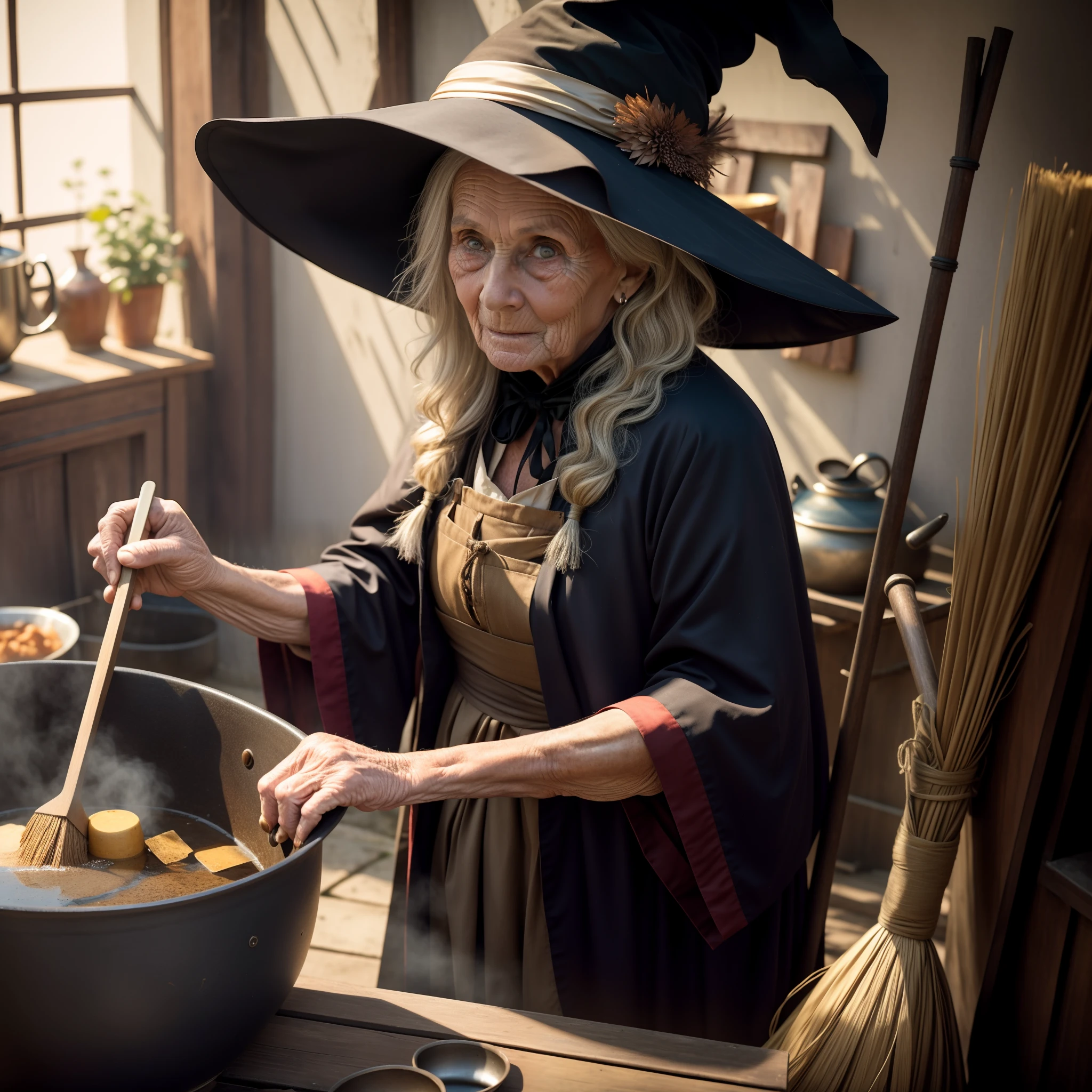 old , ugly and frightening woman looking at camera , sinister grin on her face