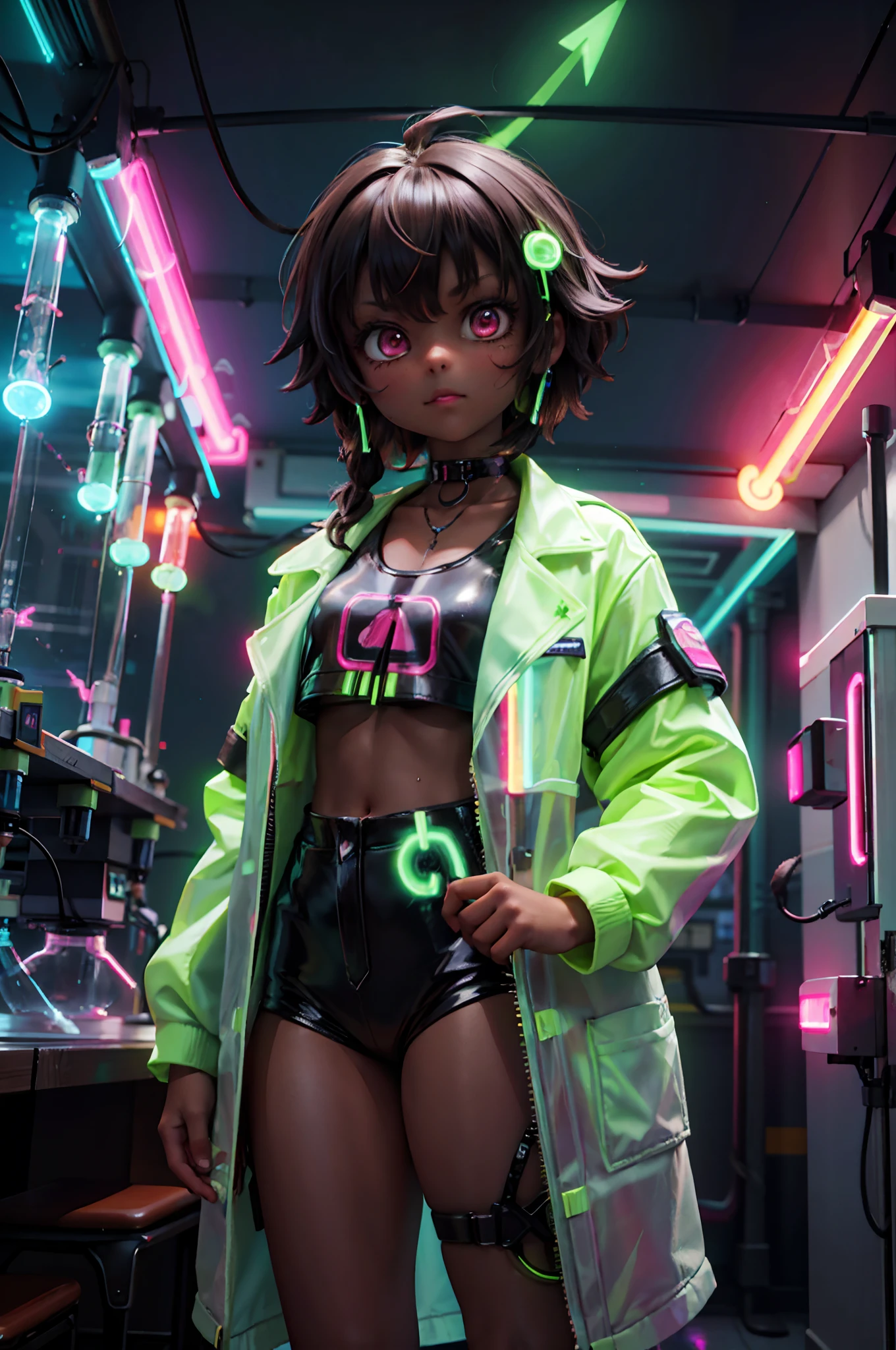 POC, dark skin, brown skin, black girl, cute, dressed in neon green, toxic, toxicology, coat, (dynamic:1.1), glowing, neon glow, (neon lights:1.5), skulls, melty, test tube, crazy scientist, (science, tech:1.5)