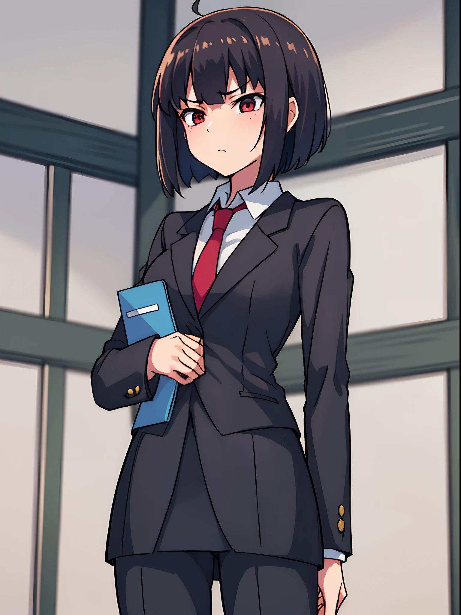 hiquality, tmasterpiece (One adult girl) Tall stature. solid. office worker, Bob hairstyle. short, straight hair, dark colored hair,  brown eye. Stern face. The clothes: Women's office suit with white shirt. red tie.