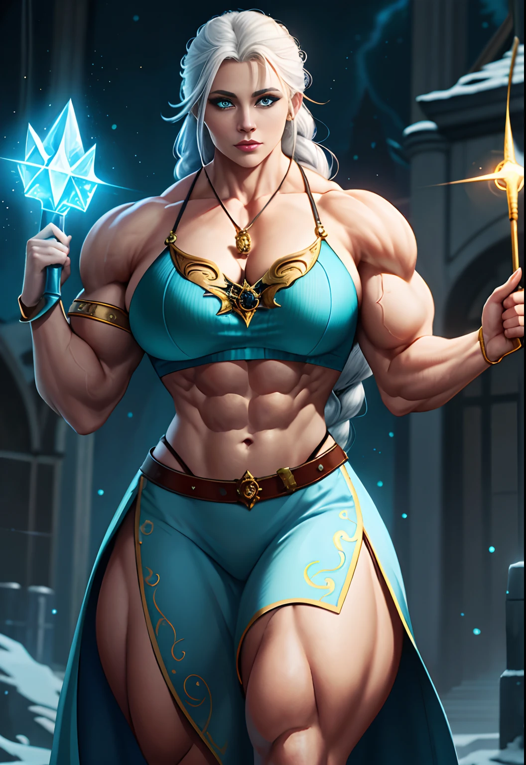 1girl, beautiful Valeea Sanguinar, girl's face, sexy, curvy, (feminine), (bodybuilder:1.4), (muscular), (biceps), sfw, white hair with (yellow stripe), single braid, glowing blue eyes, mage, wizard, magical staff, magic ice shards, white and blue cloth, bra, crop top, anchor pendant, short sleeves, pauldrons, magical palace, castle, looking at viewer, volumetric lighting, best quality, masterpiece