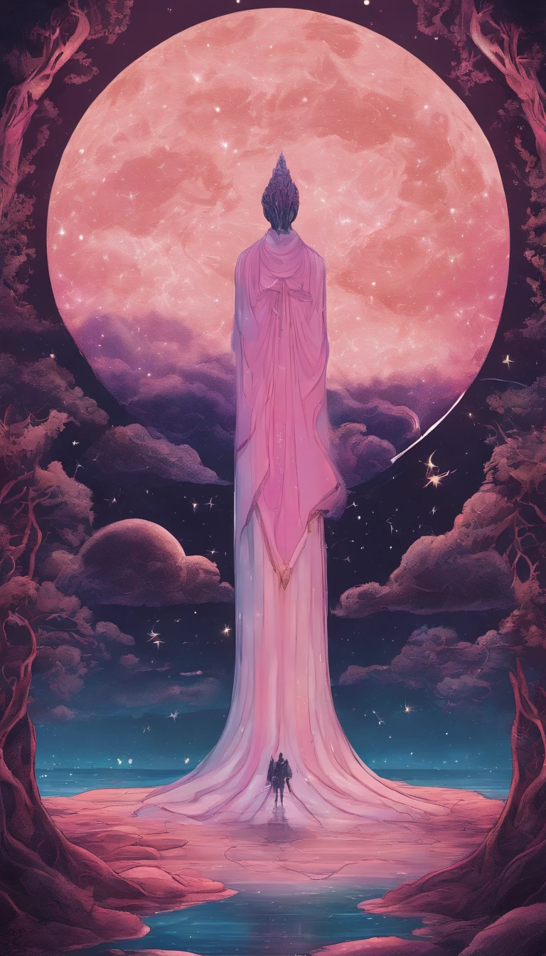 This text describes a female cosmic being, with a mysterious and powerful appearance. She's wearing a pink and violet cape., que flutua ao seu redor. She's holding an antique wooden staff in one hand and a lit flashlight in the other. The staff is touching the water soil, indicating that it is connected to land and water. A lanterna acesa representa sua sabedoria e conhecimento.
The inverted U-shaped portal is a symbol of passage between worlds. The cosmic being is entering this portal, talvez para uma nova aventura ou jornada.
The sky is full of stars, representing the vastness and mystery of the universe. The bright full moon is a symbol of hope and renewal.