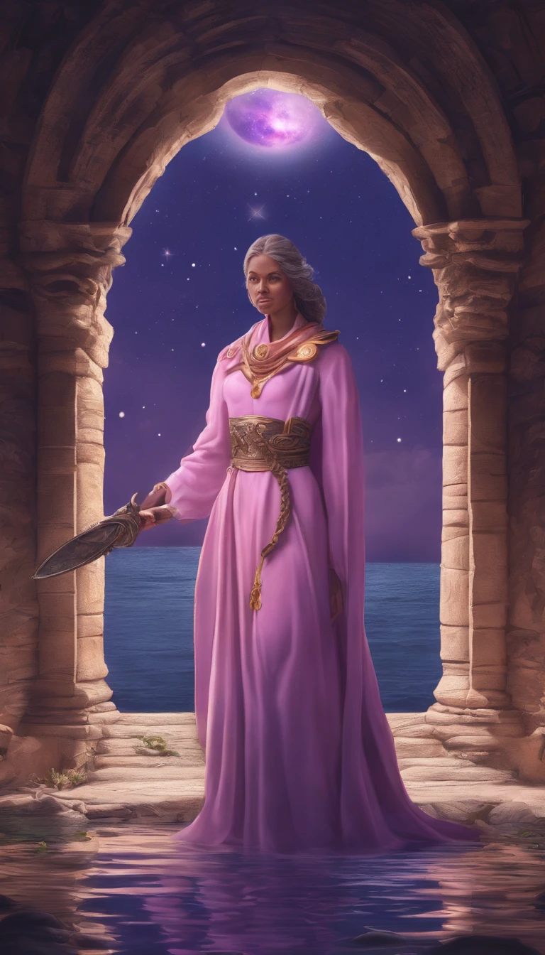 This text describes a female cosmic being, with a mysterious and powerful appearance. She's wearing a pink and violet cape., que flutua ao seu redor. She's holding an antique wooden staff in one hand and a lit flashlight in the other. The staff is touching the water soil, indicating that it is connected to land and water. A lanterna acesa representa sua sabedoria e conhecimento.

The inverted U-shaped portal is a symbol of passage between worlds. The cosmic being is entering this portal, talvez para uma nova aventura ou jornada.

The sky is full of stars, representing the vastness and mystery of the universe. The bright full moon is a symbol of hope and renewal.