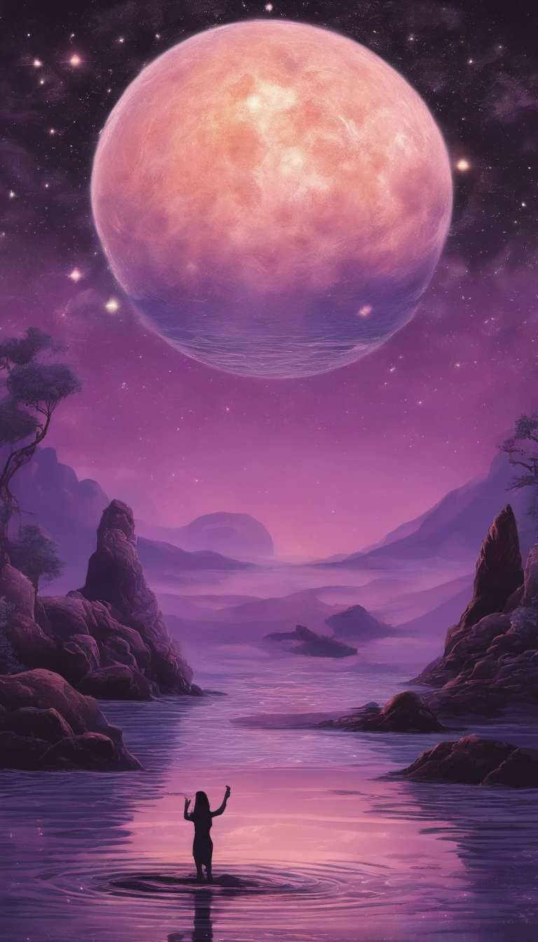 This text describes a female cosmic being, with a mysterious and powerful appearance. She's wearing a pink and violet cape., que flutua ao seu redor. She's holding an antique wooden staff in one hand and a lit flashlight in the other. The staff is touching the water soil, indicating that it is connected to land and water. A lanterna acesa representa sua sabedoria e conhecimento.

The inverted U-shaped portal is a symbol of passage between worlds. The cosmic being is entering this portal, talvez para uma nova aventura ou jornada.

The sky is full of stars, representing the vastness and mystery of the universe. The bright full moon is a symbol of hope and renewal.