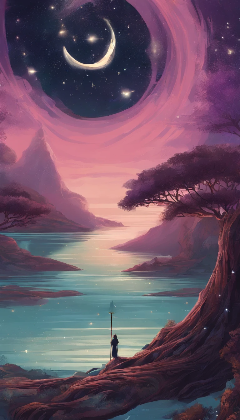 This text describes a female cosmic being, with a mysterious and powerful appearance. She's wearing a pink and violet cape., que flutua ao seu redor. She's holding an antique wooden staff in one hand and a lit flashlight in the other. The staff is touching the water soil, indicating that it is connected to land and water. A lanterna acesa representa sua sabedoria e conhecimento.
The inverted U-shaped portal is a symbol of passage between worlds. The cosmic being is entering this portal, talvez para uma nova aventura ou jornada.
The sky is full of stars, representing the vastness and mystery of the universe. The bright full moon is a symbol of hope and renewal.