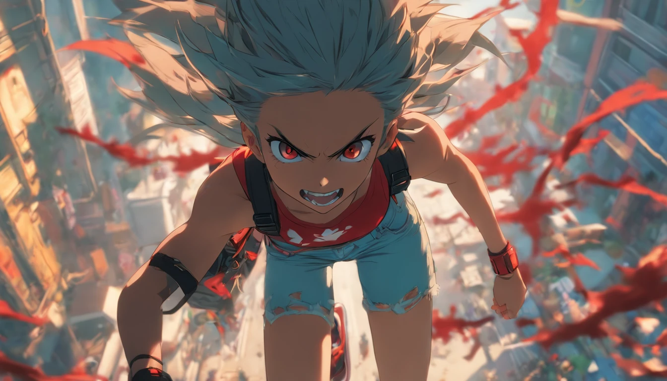 view from above of a slender female with red angry eyes, shark teeth, grey ponytail, pale skin, in red mahogany tank top and light blue denim short shorts, black sneakers, complex black tactical straps on the torso and ammo pouches on thighs, on a sunny american street, anime style, expressive, studio madhouse style