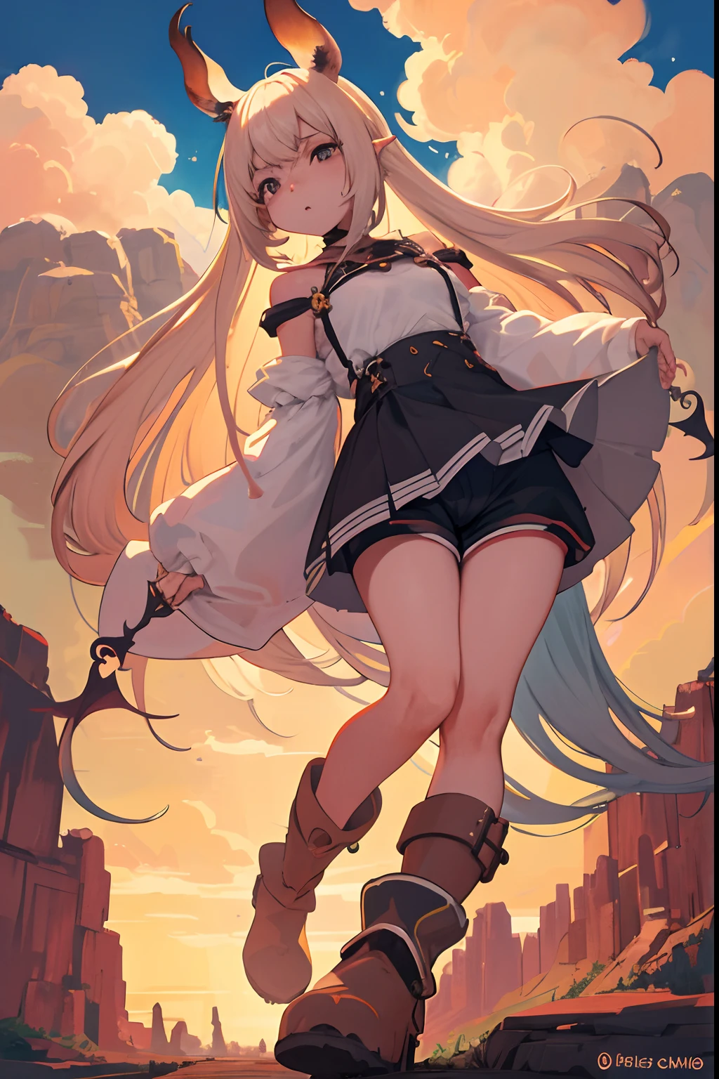 garota, usando shorts coladinho, cabelos brancos, chifres, asas, Rabo, usando uma bota demoniaca, boot looking like animal foot, bicho, Fofa, mid chest, quadriciclo grande, olhos laranjados, cabelos brancos, cabelo curto, foreshortening, Perspectiva aplicada, forced perspective