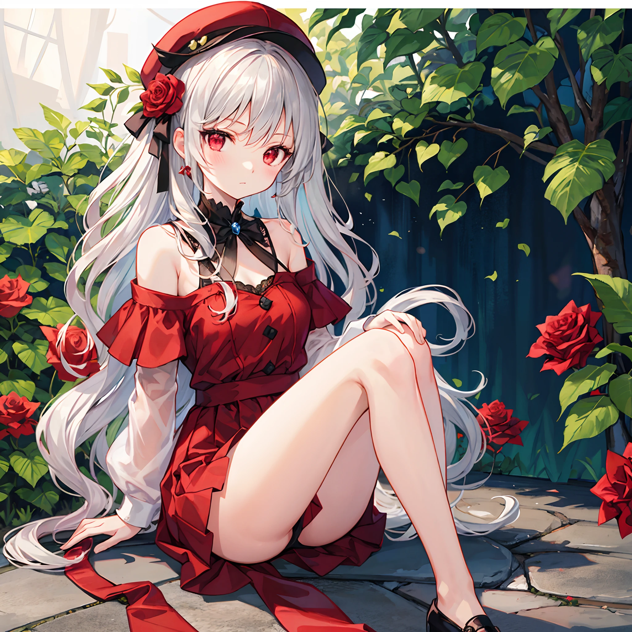 wavy silver hair、red eyes、Beautiful girl alone、Bright red dress、off shoulders、a miniskirt、Black tights、sitting on、rose garden