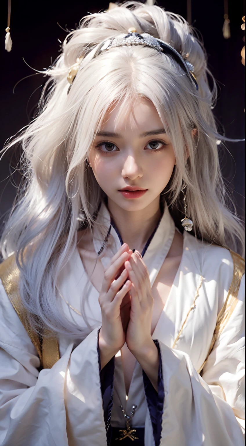a close up of a woman with long hair and a white robe, white haired deity, artwork in the style of guweiz, guweiz, with white long hair, flowing hair and long robes, with long white hair, beautiful anime portrait, anime girl with long hair, white hime cut hairstyle, beautiful anime girl, beautiful anime woman, guweiz masterpiece