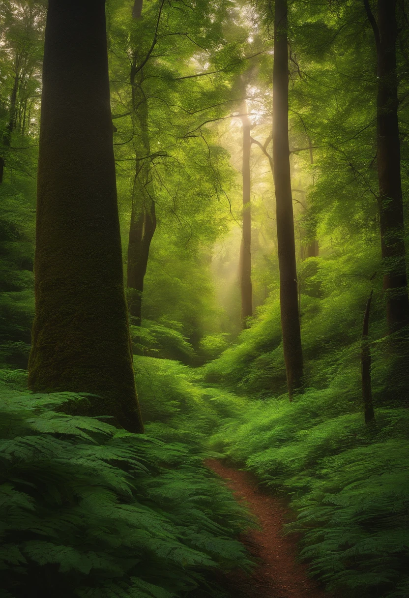 A beautiful forest with tall trees and lush greens.
Raios de sol filtrando pelas folhas, Creating a magical environment