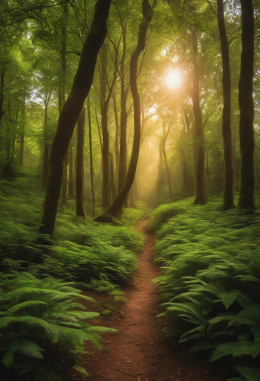 A beautiful forest with tall trees and lush greens.
Raios de sol filtrando pelas folhas, Creating a magical environment