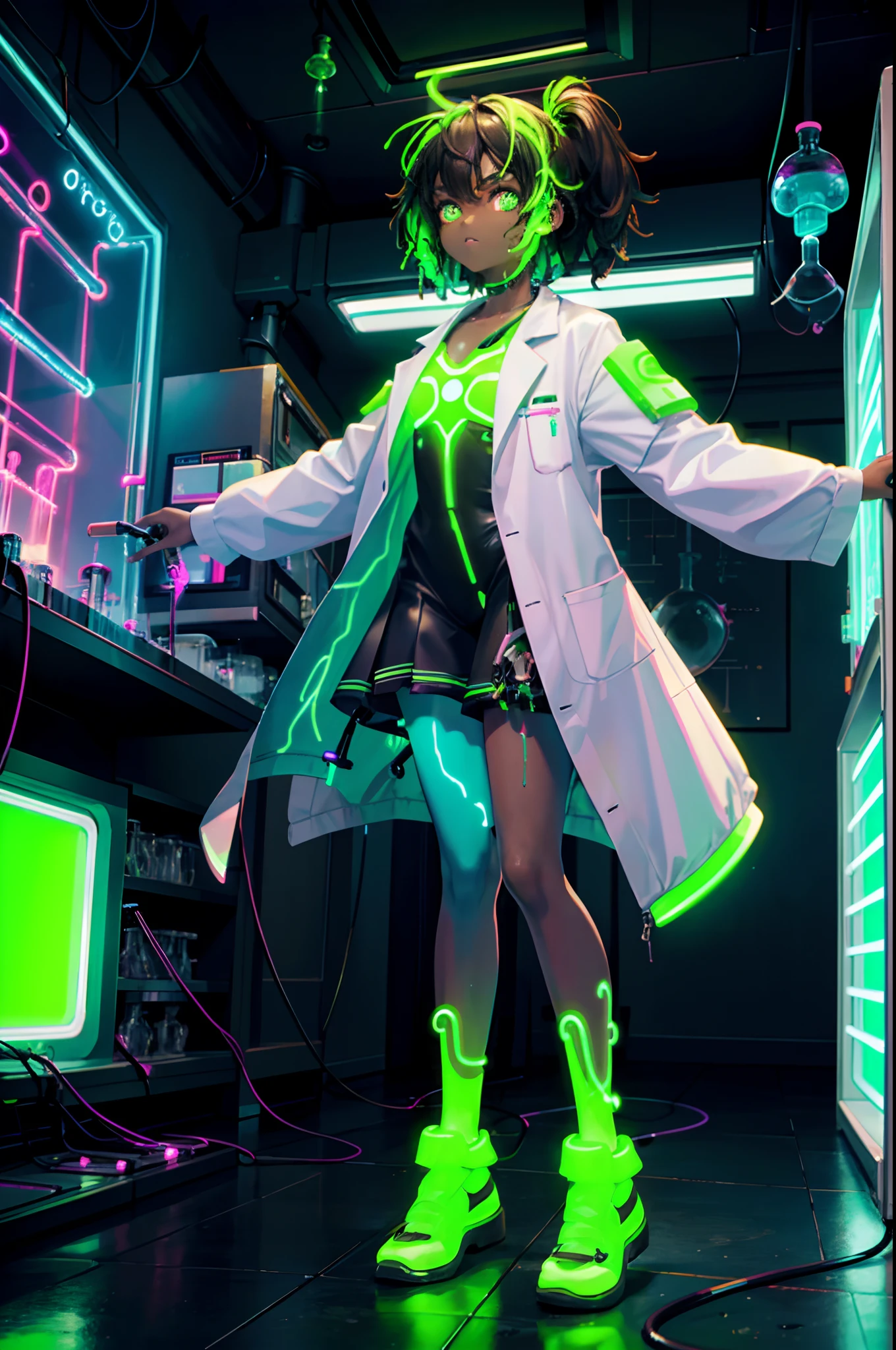 POC, dark skin, brown skin, black girl, cute, dressed in neon green, toxic, toxicology, coat, (dynamic:1.1), glowing, neon glow, (neon lights:1.5), skulls, melty, test tube, crazy scientist, (science, tech:1.5)