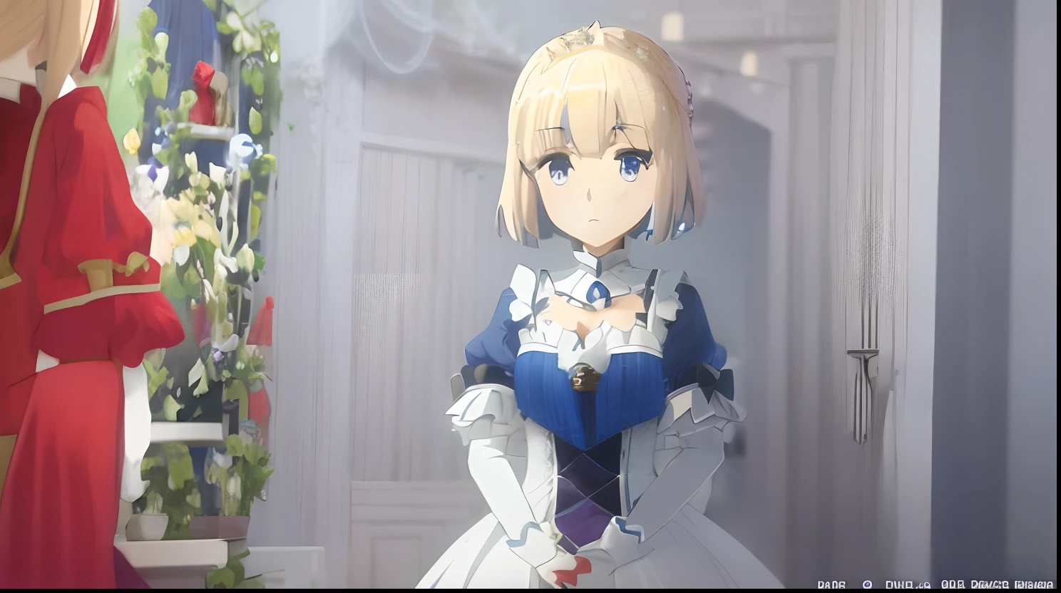 anime girl in blue dress standing in front of mirror, artoria pendragon, alicization, blonde - haired princess, loli in dress, official art, rem rezero, screenshot from the anime film, anime visual of a cute girl, inspired by Li Chevalier, official anime still, anime princess, anime key visual of elegant