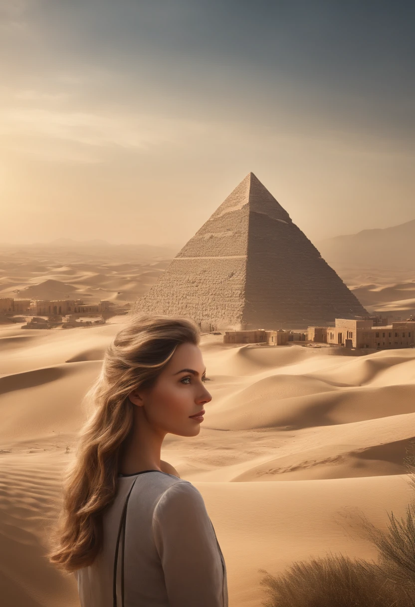 a girl overlooking the desert , astounding pyramid hidden in the dunes, towering futuristic buildings in the background, crowded with people, highlighting the issue of overpopulation and social inequality, reminiscing the tragic aftermath of the Beirut explosion. (best quality,4k,8k,highres,masterpiece:1.2),ultra-detailed,(realistic,photorealistic,photo-realistic:1.37), HDR,UHD,studio lighting,ultra-fine painting,sharp focus,physically-based rendering,extreme detail description,professional,vivid colors,portraits,landscape,bokeh.