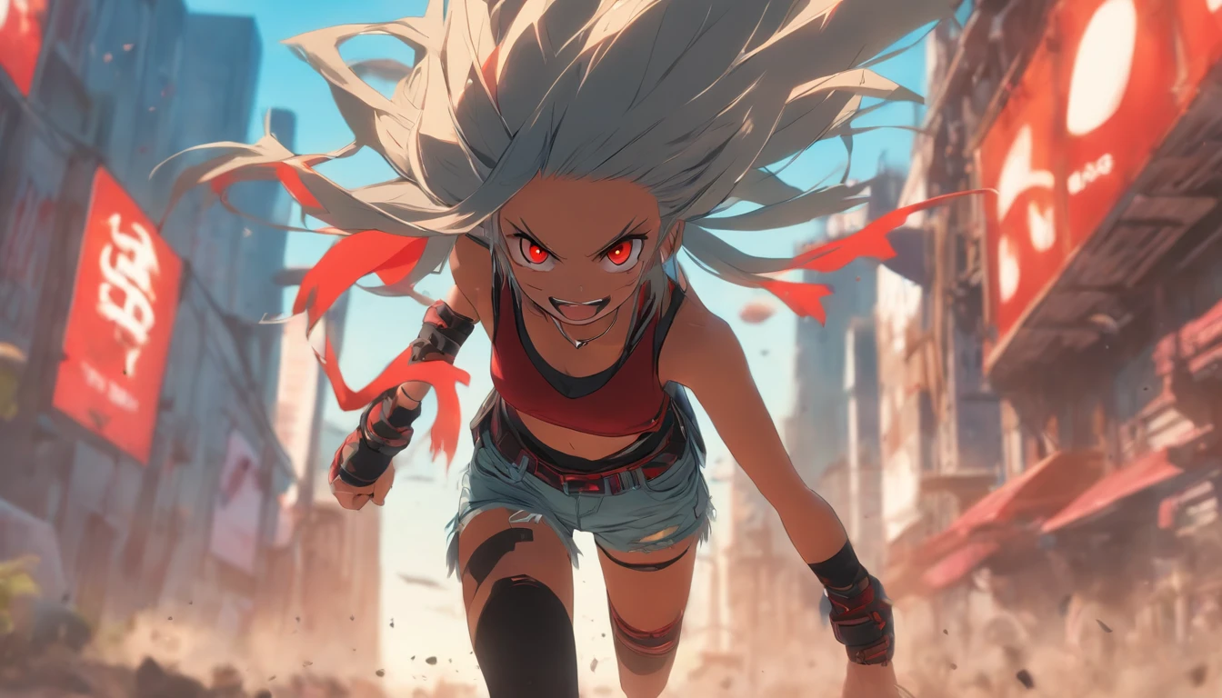 a slender female with red angry eyes, shark teeth, grey ponytail, pale skin, in red mahogany tank top and light blue denim short shorts, black sneakers, (complex black tactical straps:1,3) on the torso and ammo pouches on thighs, on a sunny american street, anime style, expressive, studio madhouse style