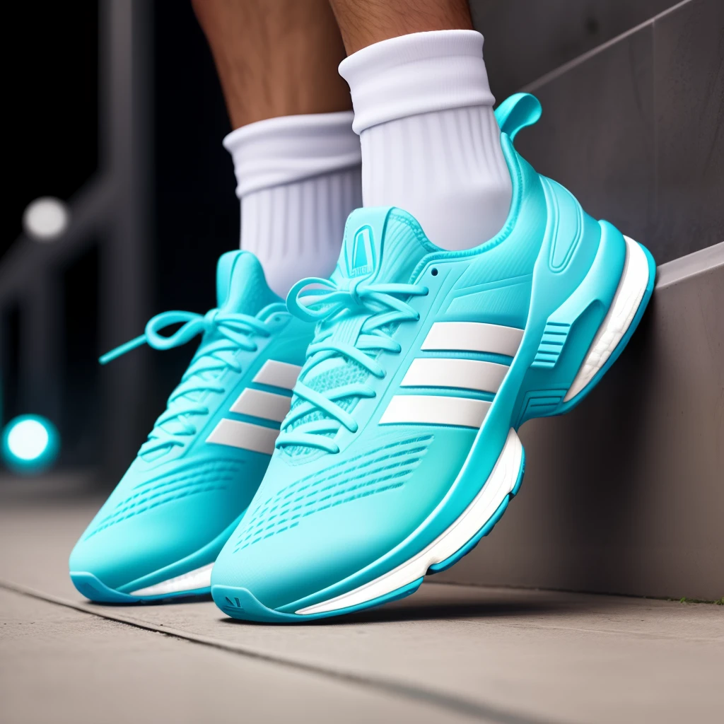 Running shoe concept, baseado em uma plataForma leve e moderna como o Adidas Adios Pro, azul claro, extremamente diFerente e usual, F/1.2, Luzes ambientes, 3D depth, polish refined, design based on a romantic piece of art