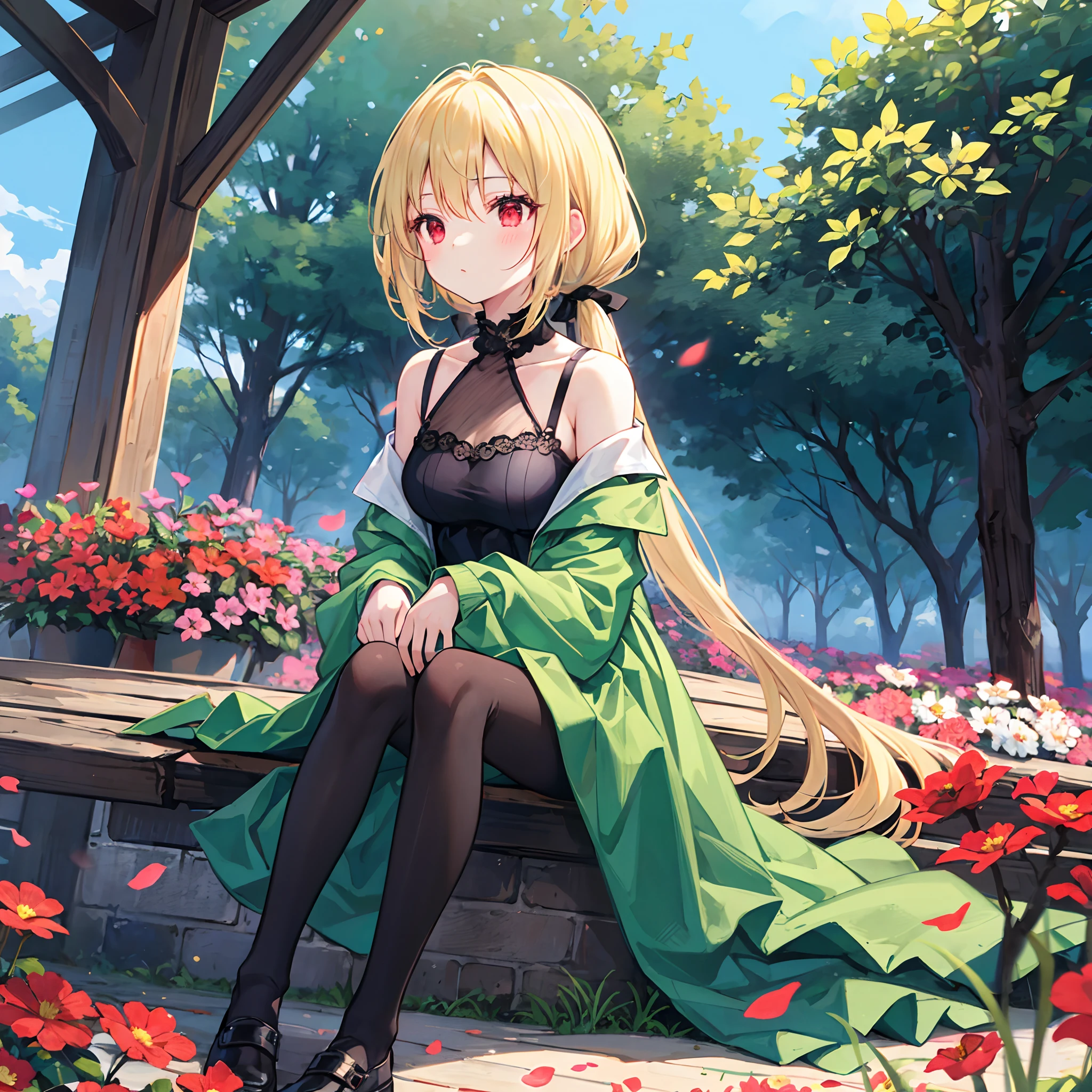 a blond、poneyTail、red eyes、Beautiful girl alone、Green dress、off shoulders、a miniskirt、Black tights、sitting on、flower  field