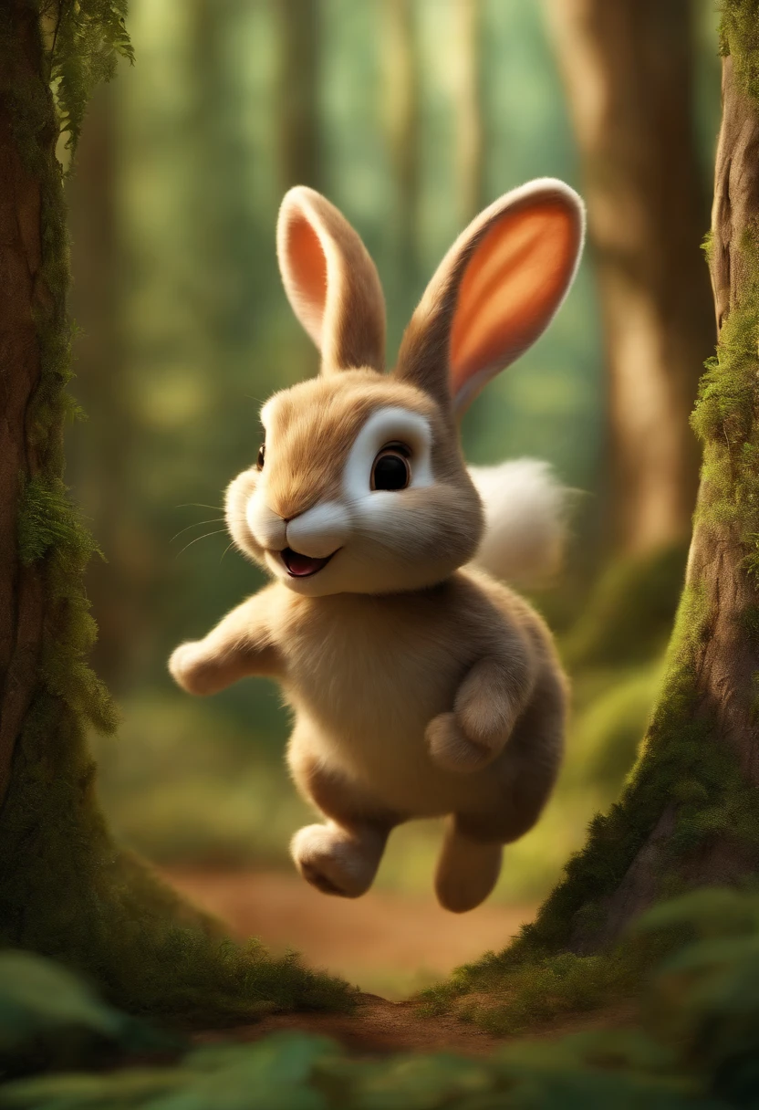 A smiling stuffed rabbit jumping through the forest.
As orelhas compridas dele se movendo enquanto ele explora.