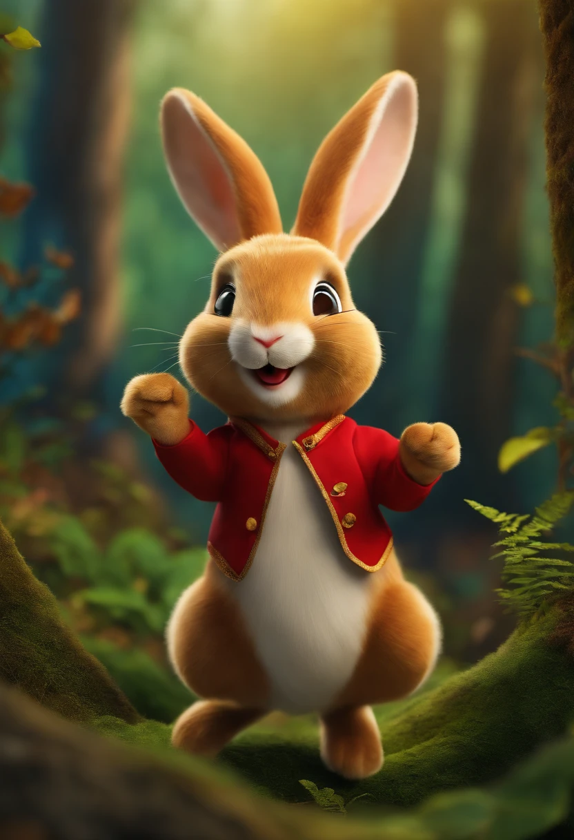 A smiling stuffed rabbit jumping through the forest.
As orelhas compridas dele se movendo enquanto ele explora.