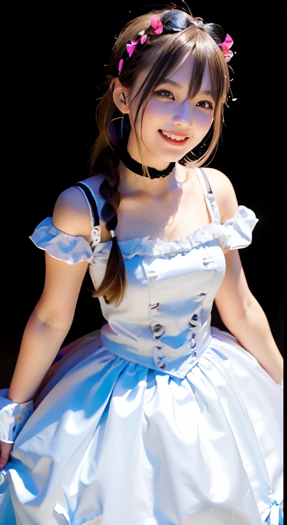 (ultra-detailliert), Cute princess dresses in black color,(frilly dress),(shortsleeves),Blue eyes,The upper part of the body、a closeup、faces、(A smile:1.5),(facing front:1.2), 20yr old, teens girl,no tail,(no tail),2D, ​masterpiece, top-quality, animesque, A detailed eye, A detailed face, girl with, Only 1 person,Silver-haired medium hair, (Silvery hair),  Ear Hair, small tits, Single braid, (Single braid), (Side braid), Pink ribbon, Ribbon around the neck, (White sleeves), Background bokeh