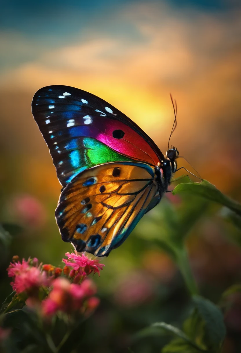 A glowing butterfly with rainbow wings.
Voando graciosamente e deixando um rastro de cores pelo ar.