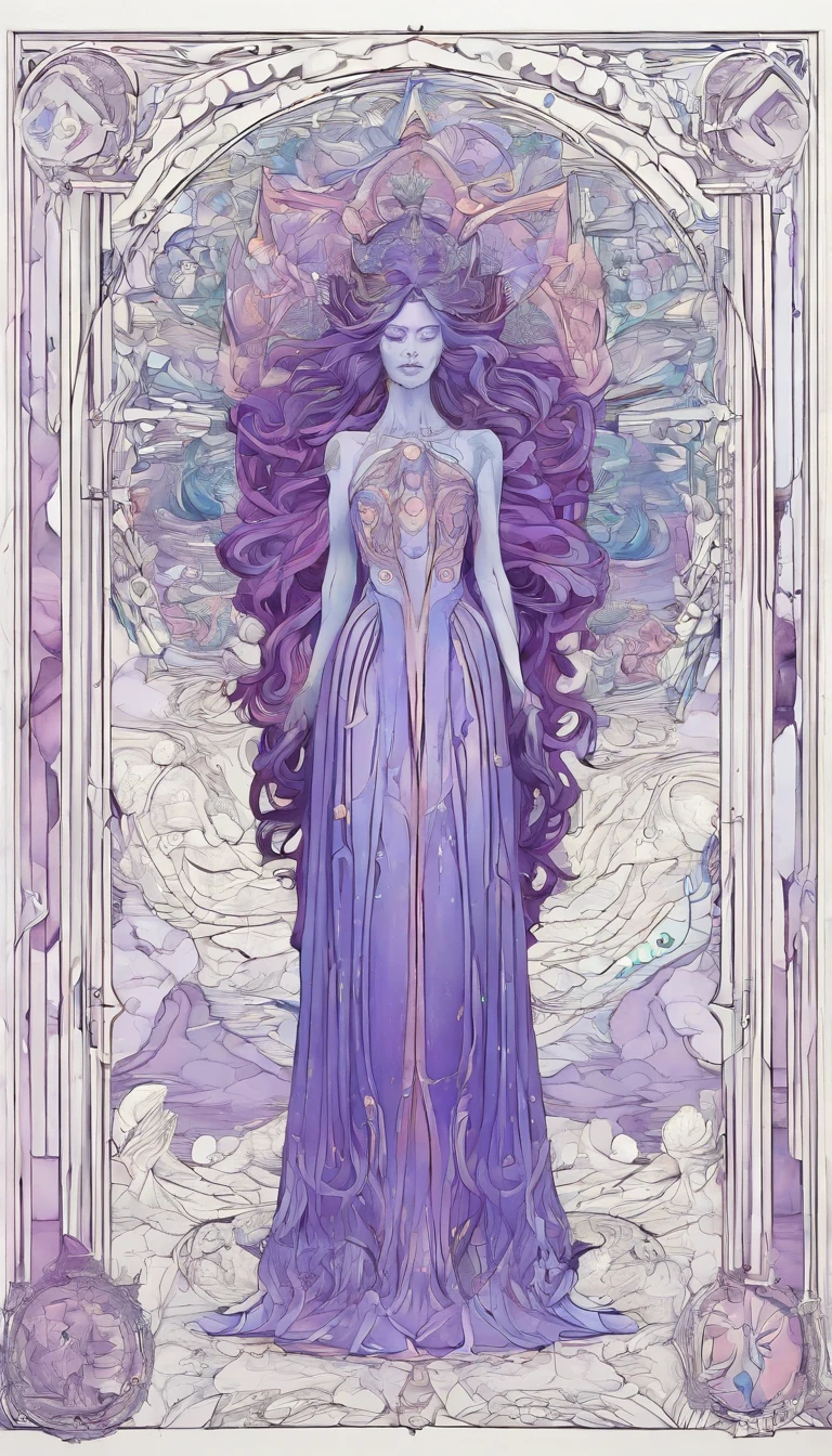 Comece com um fundo violeta profundo que preencha toda a imagem, representing cosmic space.
No centro da imagem, Draw a distant cosmic being. Este ser deve ser alto, com uma silhueta graciosa e feminina. He's standing with his back to the viewer, looking toward an inverted U-shaped portal.
The cosmic being must be wearing a flowing cloak, which is mostly pink with shades of violet. The cover should be long enough to create a dramatic effect when the cosmic being moves towards the portal.
In the left hand of the cosmic being, desenhe um cajado de madeira antigo, that gently touches the water surface in front of you. The water should be represented in shades of blue and purple, creating a sense of calm and mystery.
In the right hand of the cosmic being, coloque uma lanterna acesa, that illuminates the area around you. A luz da lanterna deve ser suave e acolhedora, highlighting the figure of the cosmic being.
The inverted U-shaped portal must be placed in front of the cosmic being, parecendo uma abertura para outro mundo. Ele deve brilhar com cores cintilantes em tons de violeta e azul, to give the feeling of transcendence.
No fundo, Above the portal and around the cosmic being, Create a starry sky. As estrelas devem ser pequenas, brilhantes e numerosas, Filling Cosmic Space. Destaque uma Lua Cheia Brilhante que brilha intensamente no canto superior direito da imagem.
Certifique-se de que todos os elementos da imagem se harmonizem com as cores predominantes de violeta, rosa, azul e roxo, creating a sense of magic and mystery.
Adicione detalhes sutis de brilho e luminosidade aos elementos, como a capa, a lanterna e o portal, to give depth and realism to the image.
Finalize a imagem com cuidado, ensuring that each element is visible and that the overall composition conveys the feeling of a mysterious cosmic being about to enter an extraordinary world.